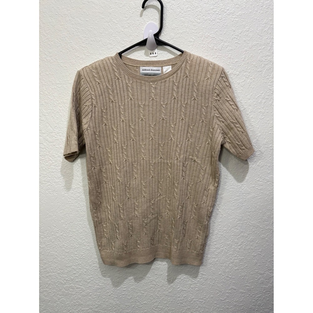 Alfred‎ Dunner Women's Sweater Short Sleeve Cable Knit Beige Petite Large Top